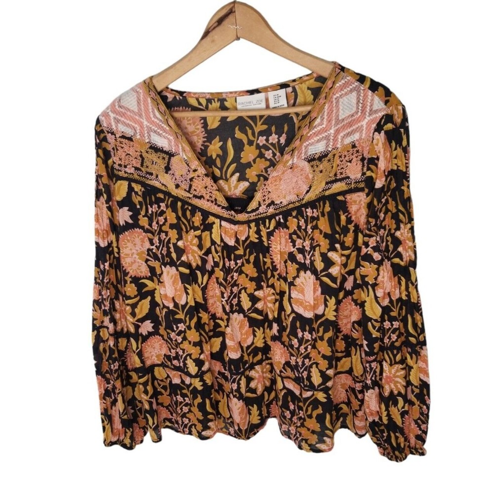 Rachel Zoe Black Floral Peasant Blouse with Pink and Mustard Detail